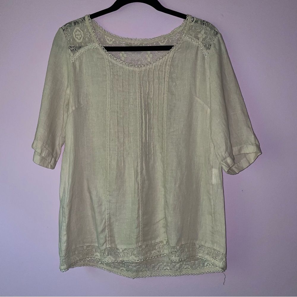 Lina Tomei Size S Linen Lace Blouse Cream Short Sleeve Cottagecore Lagenlook